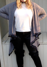Load image into Gallery viewer, Julietta Super Lux Cardigan Coat With Seqined Trimmed Edge in Grey - Feathers Of Italy