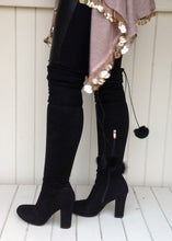 Load image into Gallery viewer, The Knightsbridge High Boot Over The Knee With Fur Pom Pom Detail In Black - Feathers Of Italy
