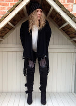 Load image into Gallery viewer, Julietta Super Lux Cardigan Coat With Seqined Trimmed Edge in Black - Feathers Of Italy