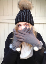 Load image into Gallery viewer, Florence Knitted Diamonte Real Fur Bobble Hat in Black with black Diamonds - Feathers Of Italy