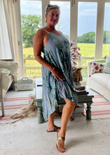 Load image into Gallery viewer, Florentina Summer Sun Dress Floral Garden Print in Blue One Size By Feathers Of Italy