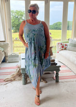 Load image into Gallery viewer, Florentina Summer Sun Dress Floral Garden Print in Blue One Size By Feathers Of Italy