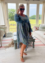 Load image into Gallery viewer, Florentina Summer Sun Dress Floral Garden Print in Blue One Size By Feathers Of Italy