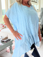 Load image into Gallery viewer, Rimini Silk Edge Oversized Top in Blue feathers of italy made in italy
