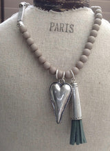Load image into Gallery viewer, Heart, Tassel & Ball Necklace in Silver & Grey - Feathers Of Italy