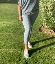 Load image into Gallery viewer, Amazing Woman Crinkle Jeans in Khaki Green with Draw String Waist With Rips and Diamonte Detail One Size Feathers Of Italy