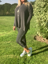 Load image into Gallery viewer, Amazing Woman Crinkle Jeans in Washed Black with Draw String Waist and Silver Stud and Diamonte Web Side Detail One Size