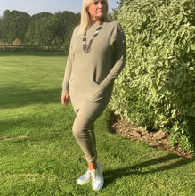 Load image into Gallery viewer, Amazing Woman Crinkle Jeans in Stone with Draw String Waist and Silver Stud and Diamonte Web Side Detail One Size