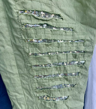 Load image into Gallery viewer, Amazing Woman Crinkle Jeans in Khaki Green with Draw String Waist With Rips and Diamonte Detail One Size Feathers Of Italy