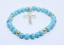 Load image into Gallery viewer, Limited Edition Precious Turquoise Stone and Diamond Encrusted Cross Bracelet - By Feathers Of Italy - Feathers Of Italy
