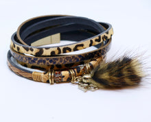 Load image into Gallery viewer, Leopard Print & Lucky Charm Double Wrap Bracelet in Caramels With Real Fur Tassel by Feathers Of Italy - Feathers Of Italy