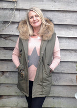 Load image into Gallery viewer, Fur Hood Parker Gilet with sequinned detail in Green - Feathers Of Italy