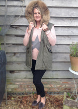 Load image into Gallery viewer, Fur Hood Parker Gilet with sequinned detail in Green - Feathers Of Italy