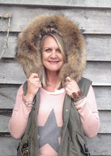 Load image into Gallery viewer, Fur Hood Parker Gilet with sequinned detail in Green - Feathers Of Italy