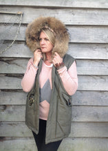 Load image into Gallery viewer, Fur Hood Parker Gilet with sequinned detail in Green - Feathers Of Italy