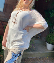 Load image into Gallery viewer, Vintage Silk Top in Vanilla With Embroidered Edge Detail With Under Top Cami - Feathers Of Italy