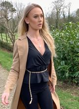 Load image into Gallery viewer, Gold Chain Belt Black Crossover Blusa Blouse with Ruffle Sleeves by Rinascimento