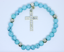 Load image into Gallery viewer, Limited Edition Precious Turquoise Stone and Diamond Encrusted Cross Bracelet - By Feathers Of Italy - Feathers Of Italy