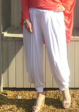 Load image into Gallery viewer, Jersey Hareem Trousers in White, Black, Silver and Sky Blue, Made In Italy by Feathers Of Italy One Size - Feathers Of Italy