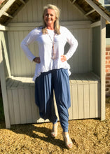 Load image into Gallery viewer, Jersey Hareem Trousers in White, Black, Silver and Sky Blue, Made In Italy by Feathers Of Italy One Size - Feathers Of Italy