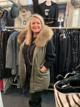Load image into Gallery viewer, Fur Hood Parker Gilet with sequinned detail in Green - Feathers Of Italy