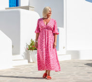 Sicily long sleeved v neck cheesecloth maxi sundress in pink leopard print
