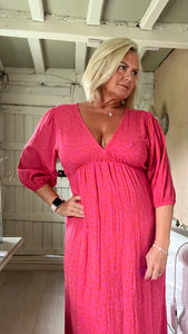 Feathers of italy Sicily long sleeved v neck cheesecloth maxi sundress in fuchsia leopard print