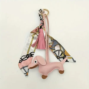 Cute Dachshund PU Leather Keychain with Pink Scarf & Tassel