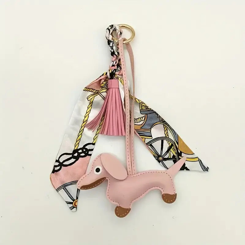 Cute Dachshund PU Leather Keychain with Pink Scarf & Tassel