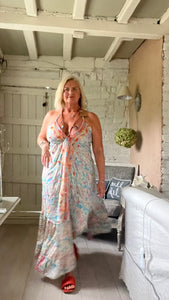 Italian boho Capri backless sundress in blue feathers of Italy 