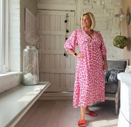 Sicily long sleeved v neck cheesecloth maxi sundress in white pink and orange leopard print