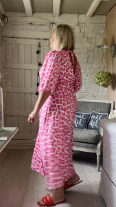 Sicily long sleeved v neck cheesecloth maxi sundress in white pink and orange leopard print