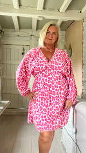 Sicily long sleeved v neck cheesecloth sundress short in white orange and pink leopard print