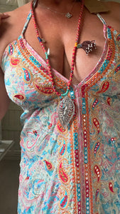 Italian boho Capri backless sundress in blue feathers of Italy 