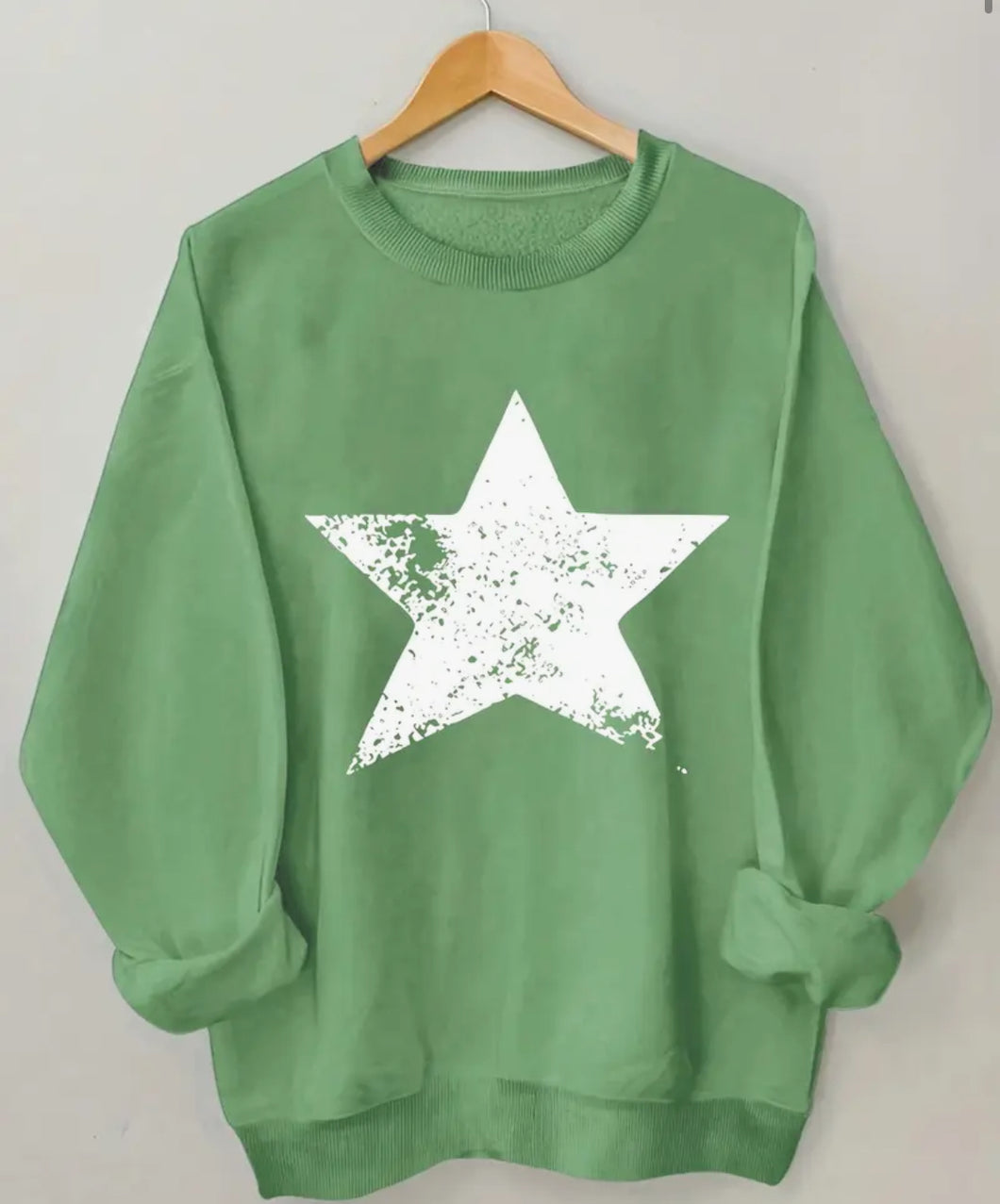 Women'S Casual Crew Neck Sweatshirt with Geometric Pentagram Print, Polyester Knit Fabric, Long Sleeve one size