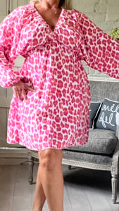 Sicily long sleeved v neck cheesecloth sundress short in white orange and pink leopard print