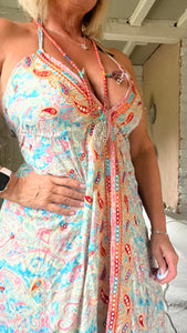 Italian boho Capri backless sundress in blue feathers of Italy 