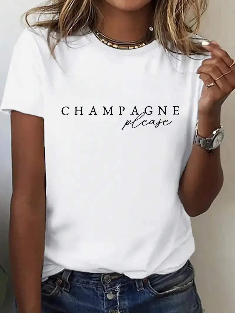 Champagne Please T Shirt round neck in White