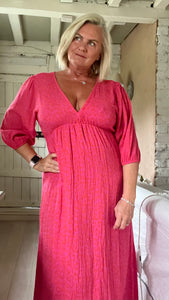 Feathers of italy Sicily long sleeved v neck cheesecloth maxi sundress in fuchsia leopard print