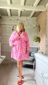 Sicily long sleeved v neck cheesecloth sundress short in white orange and pink leopard print