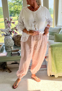 Garment Dyed Linen Balloon Trousers In Pink | Feathers Of Italy 