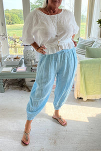 Garment Dyed Linen Balloon Trousers In Blue | Feathers Of Italy 