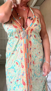 Limited addition Boho fabric necklace turquoise with silver coloured leaf