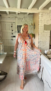 Italian Capri backless sundress in Blue Feathers Of Italy 