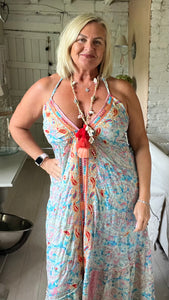 Large 3 Tiered Tassel and Shell necklace in  Red Orange and Peach Feathers Of Italy 