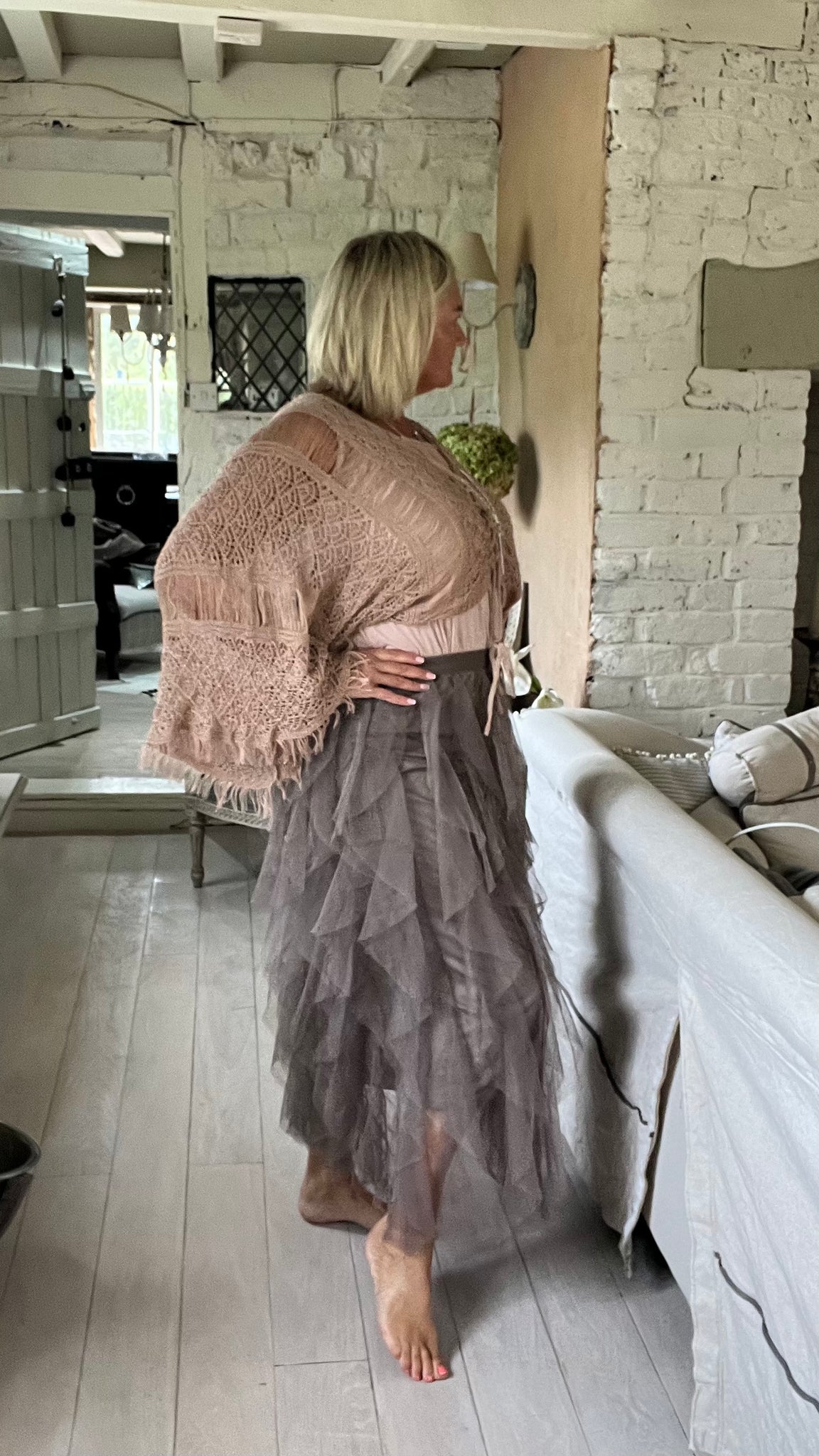 Florence Italian Midi Tulle Skirt A line Elastic High Waist Irregular Feathers Of Italy