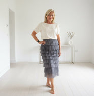 Sorrento Italian Women Layered Tulle Long Skirt UK Naples Ladies Fashion High Waist Solid Colour Frill Trim Ruffle Midi Skirt in Grey