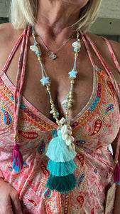Large 3 Tiered Silk Tassel and Shell necklace in Teal Aqua and Turquoise