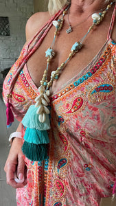 Large 3 Tiered Silk Tassel and Shell necklace in Teal Aqua and Turquoise