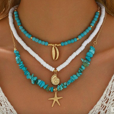 3-Piece Set – Soft Ceramic Turquoise Necklace with Metallic Seashell, Conch Shell & Starfish Pendants